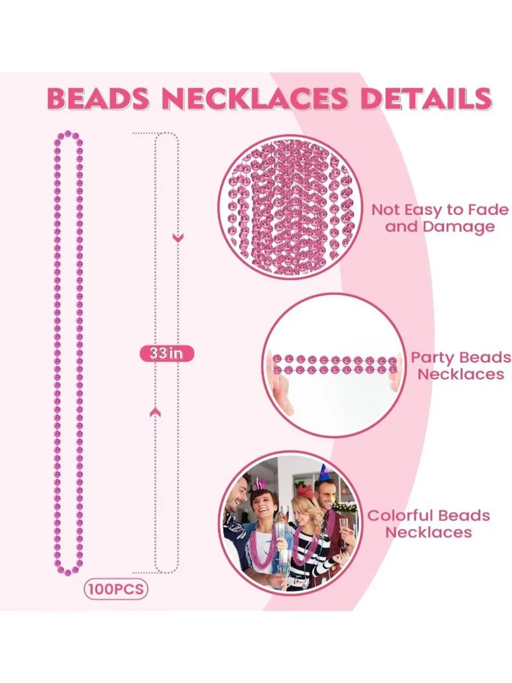 100PCS Pink Mardi Gras Bead Necklaces 33